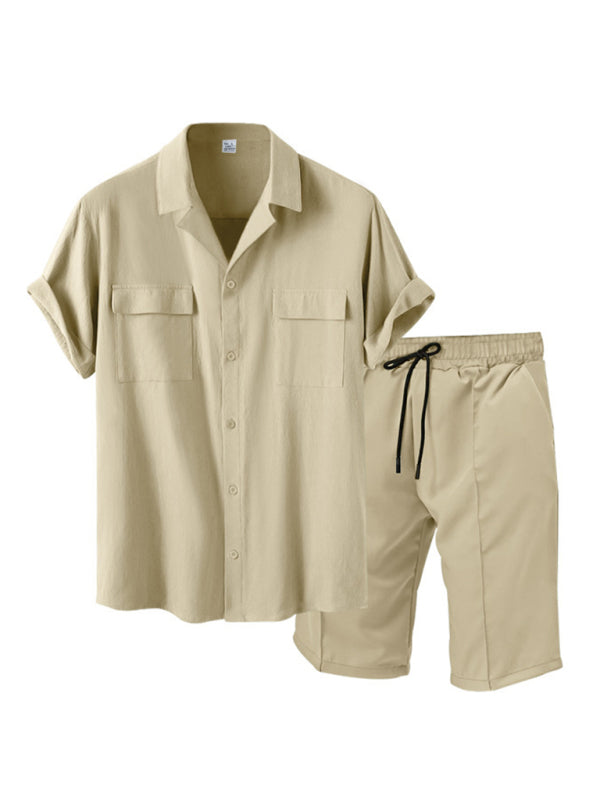 Smart-Casual-Herren-Zweiteiler-Set mit Hemd mit Knöpfen und Shorts mit Taschen