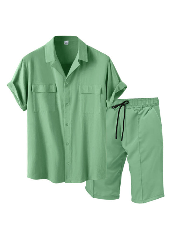 Smart Casual Men’s 2-Piece Set with Button-Up Shirt & Pocketed Shorts