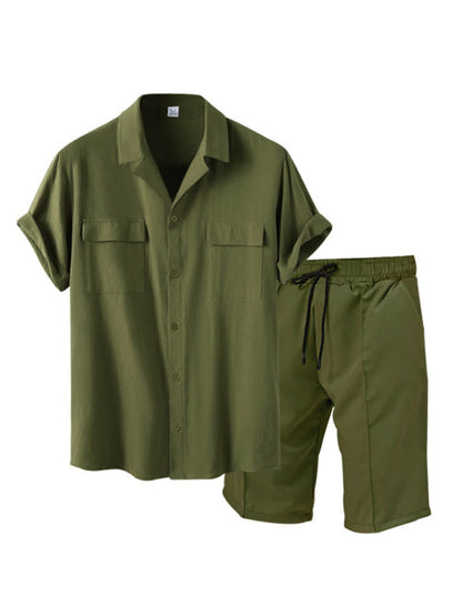 Smart Casual Men’s 2-Piece Set with Button-Up Shirt & Pocketed Shorts