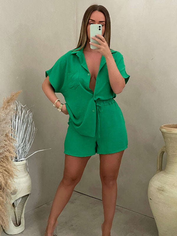 Shorts Set- Summer Outfit Casual Set Lapel Shirt + Elastic Waist Short- Green- IndioGear Fashion and Gear