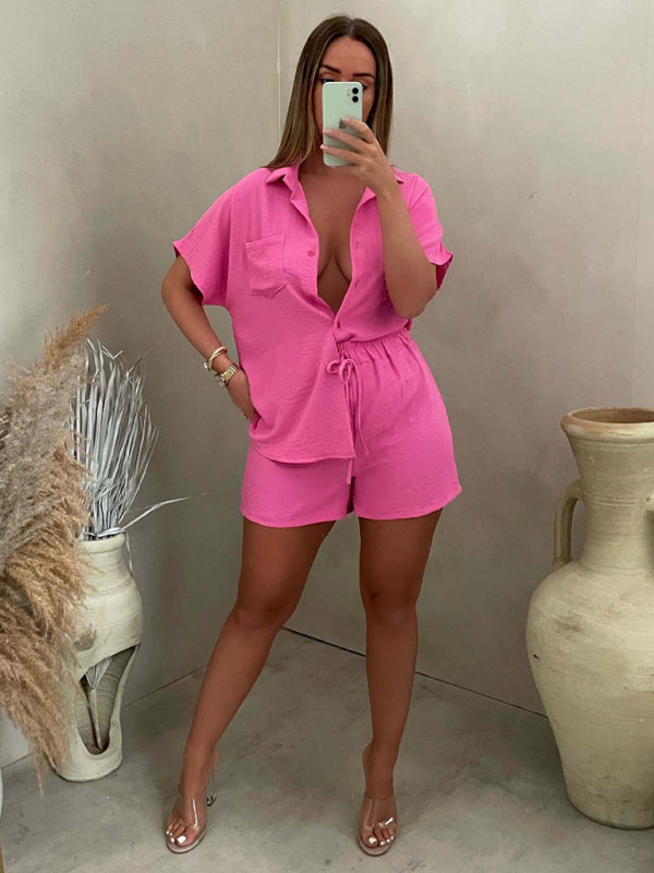 Shorts Set- Summer Outfit Casual Set Lapel Shirt + Elastic Waist Short- - IndioGear Fashion and Gear