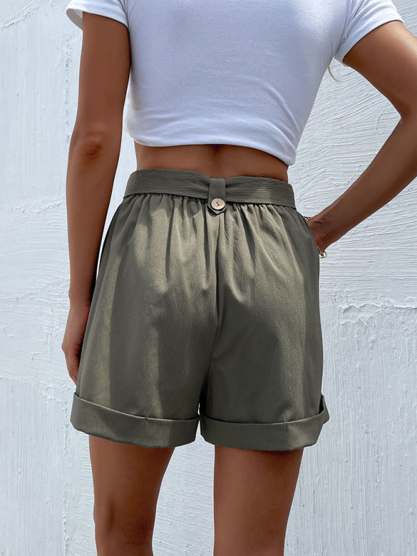 Shorts- Sophisticated Women's Shorts with Belt, High Waist, and Cuffed Hem- - IndioGear Fashion and Gear