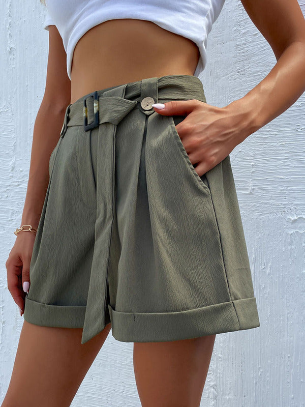 Shorts- Sophisticated Women's Shorts with Belt, High Waist, and Cuffed Hem- - IndioGear Fashion and Gear