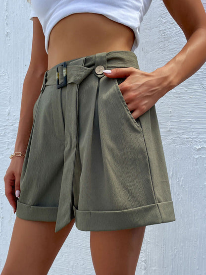 Shorts- Sophisticated Women's Shorts with Belt, High Waist, and Cuffed Hem- - IndioGear Fashion and Gear