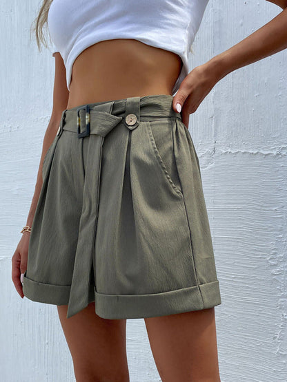 Shorts- Sophisticated Women's Shorts with Belt, High Waist, and Cuffed Hem- - IndioGear Fashion and Gear