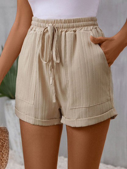 Shorts- Textured High-Waisted Summer Shorts- Cracker khaki- IndioGear Fashion and Gear