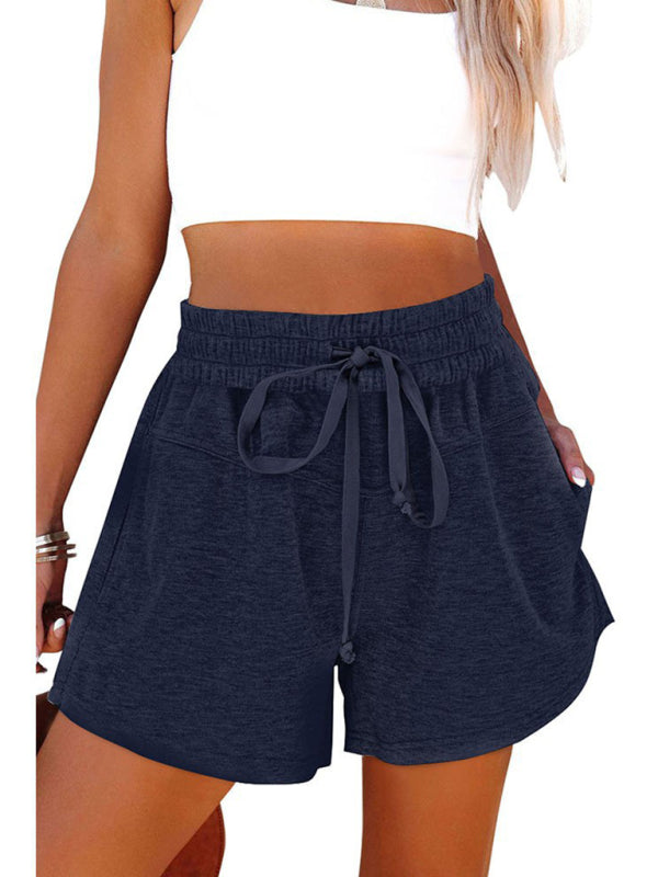 Shorts- Wide-Leg High Rise Easy Shorts with Pockets & Adjustable Waist Tie- Blue- Pekosa Women Clothing