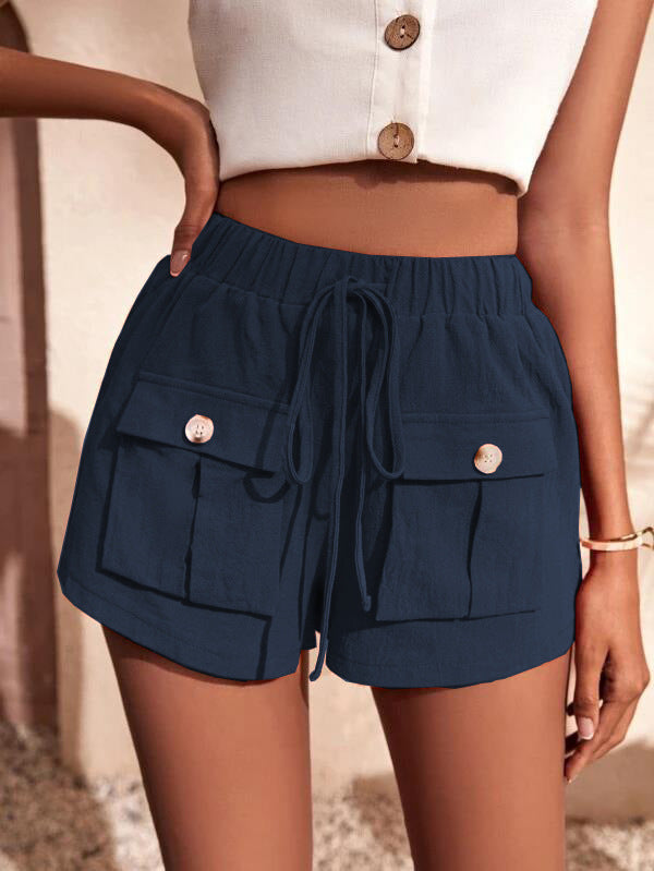 Shorts- Women's Casual Cargo Shorts: Adjustable Waist, Convenient Pockets- Navy Blue- IndioGear Fashion and Gear