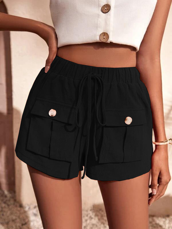 Shorts- Women's Casual Cargo Shorts: Adjustable Waist, Convenient Pockets- Black- IndioGear Fashion and Gear