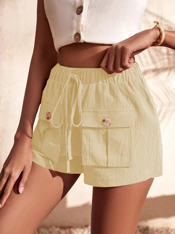 Shorts- Women's Casual Cargo Shorts: Adjustable Waist, Convenient Pockets- Cracker khaki- IndioGear Fashion and Gear