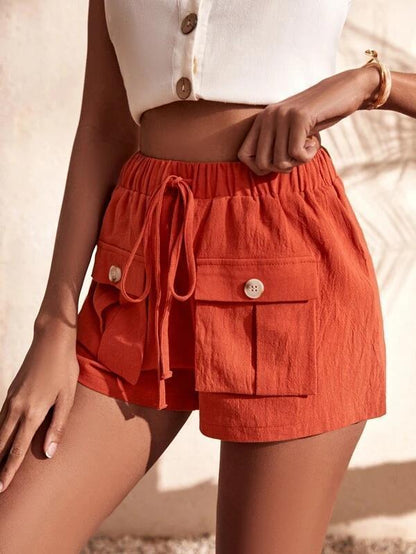 Shorts- Women's Casual Cargo Shorts: Adjustable Waist, Convenient Pockets- Orange- IndioGear Fashion and Gear