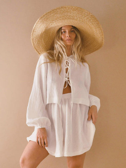 Shorts set- Casual Summer Textured Set Wide-Leg Shorts and Tie-Up Blouse- White- IndioGear Clothing and Gear