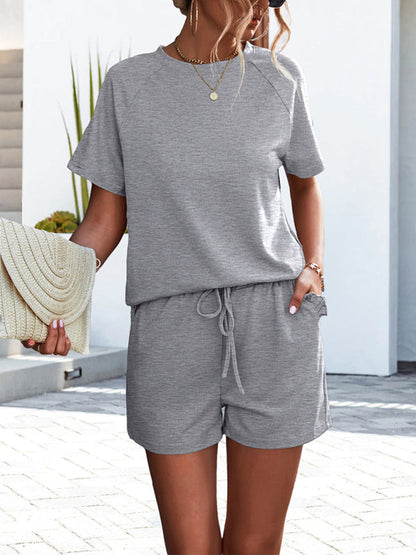 Shorts sets- Ruffle Hem Two Piece Set for Women - Casual T-Shirt + Shorts- Misty grey- IndioGear Fashion and Gear