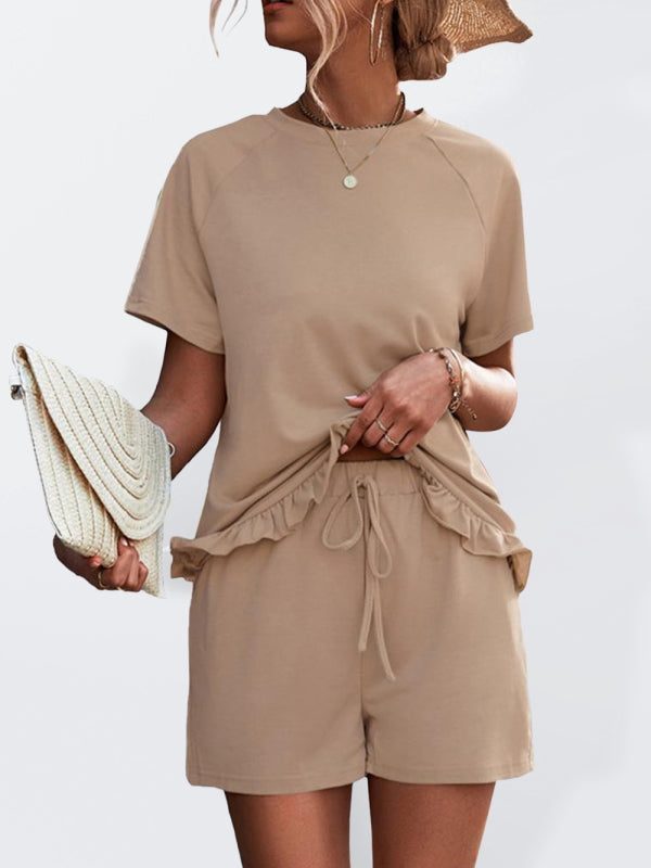 Shorts sets- Ruffle Hem Two Piece Set for Women - Casual T-Shirt + Shorts- Khaki- IndioGear Fashion and Gear