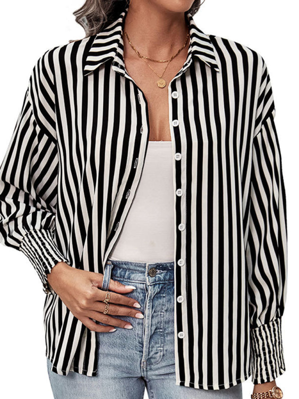 Shrits- Women’s Stripe Shirt - Shirred Cuffs, Button Down Long Sleeve Top- - Pekosa Women Clothing