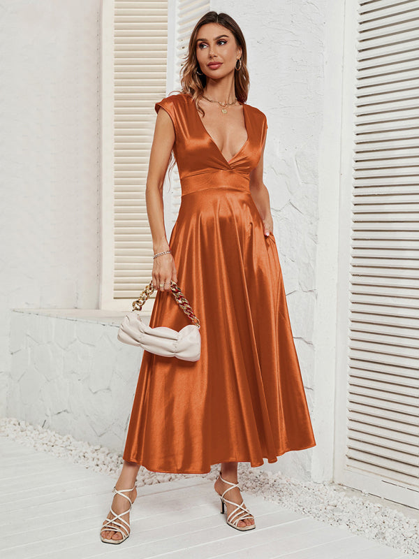 Cocktail Silk Satin Deep V-Neck Midi Dress with Cap Sleeves