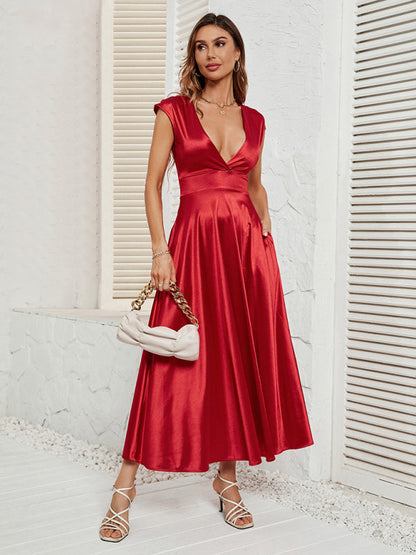 Cocktail Silk Satin Deep V-Neck Midi Dress with Cap Sleeves