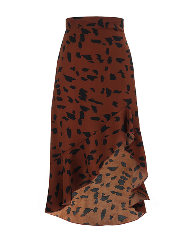 Skirt- Animal Print High-Low Midi Skirt with Asymmetrical Ruffle Hem- - IndioGear Fashion and Gear