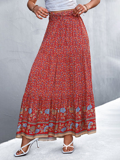 Skirt- Boho Chic Casual Floral Maxi Skirt for Women- Red- IndioGear Fashion and Gear