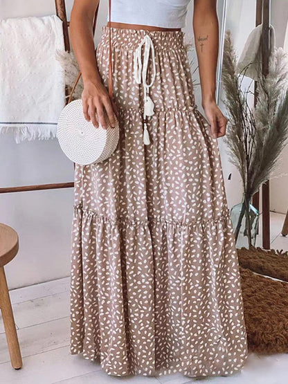 Skirt- Boho Polka Dot Tiered Waist Tie Gypsy Maxi Skirt- Coffee- IndioGear Fashion and Gear