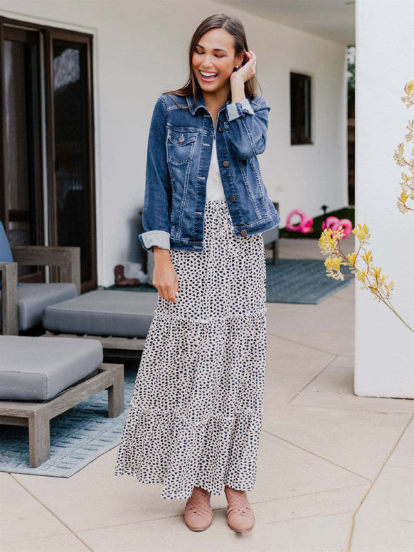 Skirt- Boho Polka Dot Tiered Waist Tie Gypsy Maxi Skirt- White- IndioGear Fashion and Gear