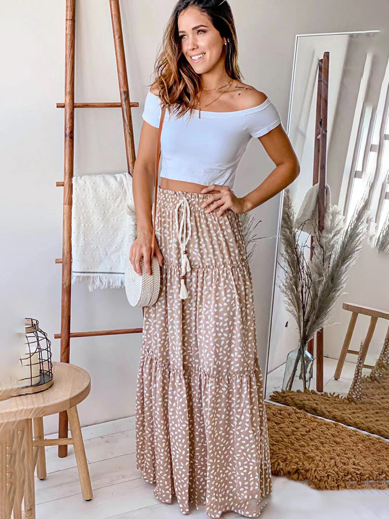 Skirt- Boho Polka Dot Tiered Waist Tie Gypsy Maxi Skirt- - IndioGear Fashion and Gear