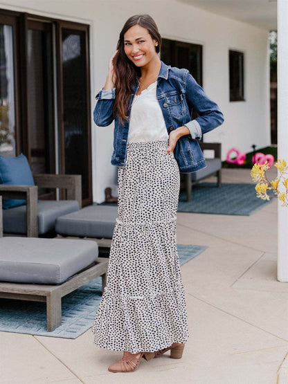 Skirt- Boho Polka Dot Tiered Waist Tie Gypsy Maxi Skirt- - IndioGear Fashion and Gear