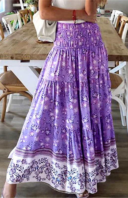 Skirt- Floral Boho Tiered Ruffle Maxi Skirt- - IndioGear Fashion and Gear