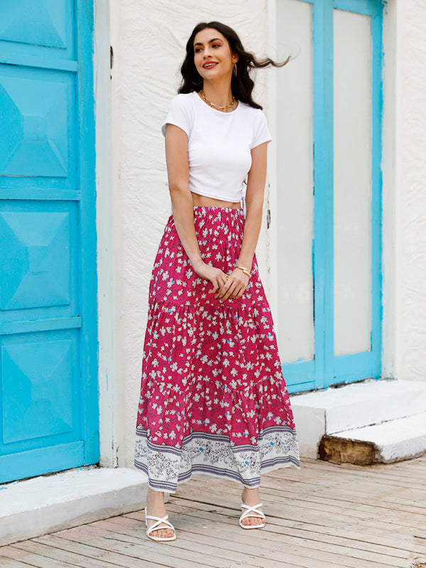 Skirt- Floral Boho Tiered Ruffle Maxi Skirt- - IndioGear Fashion and Gear