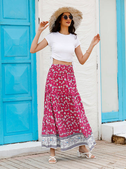 Skirt- Floral Boho Tiered Ruffle Maxi Skirt- - IndioGear Fashion and Gear