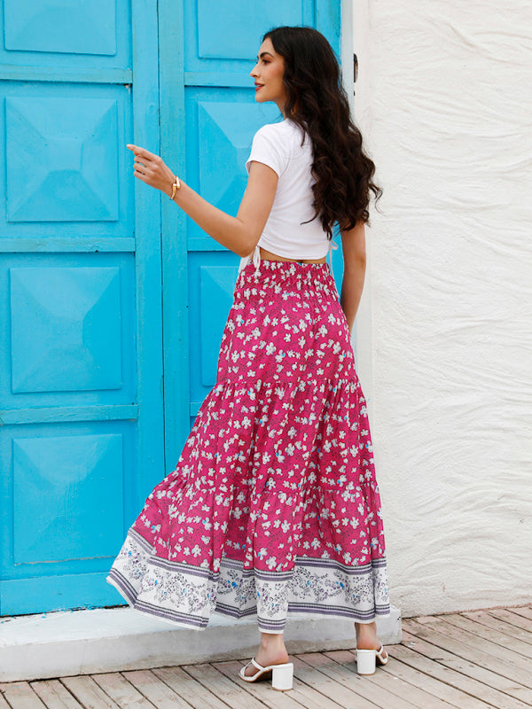 Skirt- Floral Boho Tiered Ruffle Maxi Skirt- - IndioGear Fashion and Gear