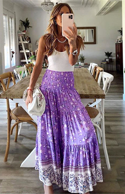 Skirt- Floral Boho Tiered Ruffle Maxi Skirt- Purple- IndioGear Fashion and Gear