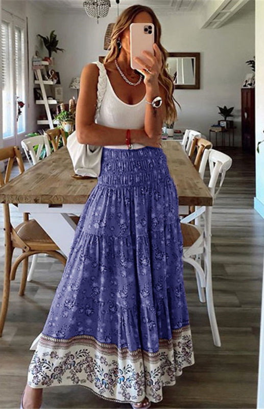 Skirt- Floral Boho Tiered Ruffle Maxi Skirt- Blue- IndioGear Fashion and Gear