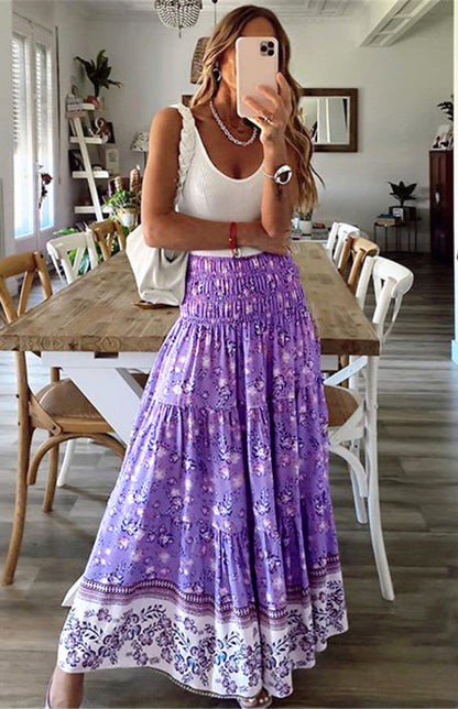 Skirt- Floral Boho Tiered Ruffle Maxi Skirt- - IndioGear Fashion and Gear