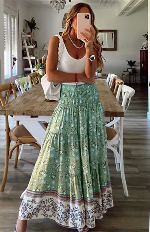 Skirt- Floral Boho Tiered Ruffle Maxi Skirt- Green- IndioGear Fashion and Gear