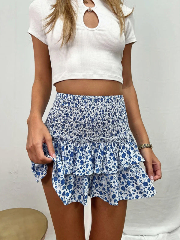 Skirt- Floral Elegance: Women's Shorts Ruffled Mini Skirt- Blue- IndioGear Fashion and Gear