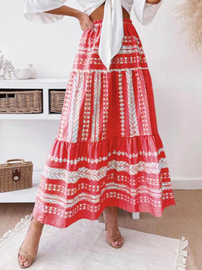 Skirt- Retro Aztec Geo Printed Tiered Ruffle Maxi Skirt- Red- IndioGear Fashion and Gear