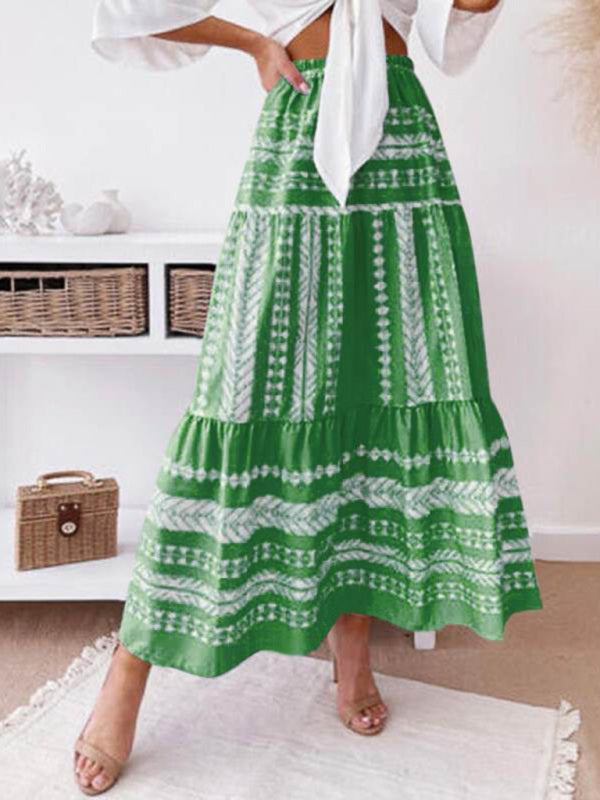 Skirt- Retro Aztec Geo Printed Tiered Ruffle Maxi Skirt- Green- IndioGear Fashion and Gear