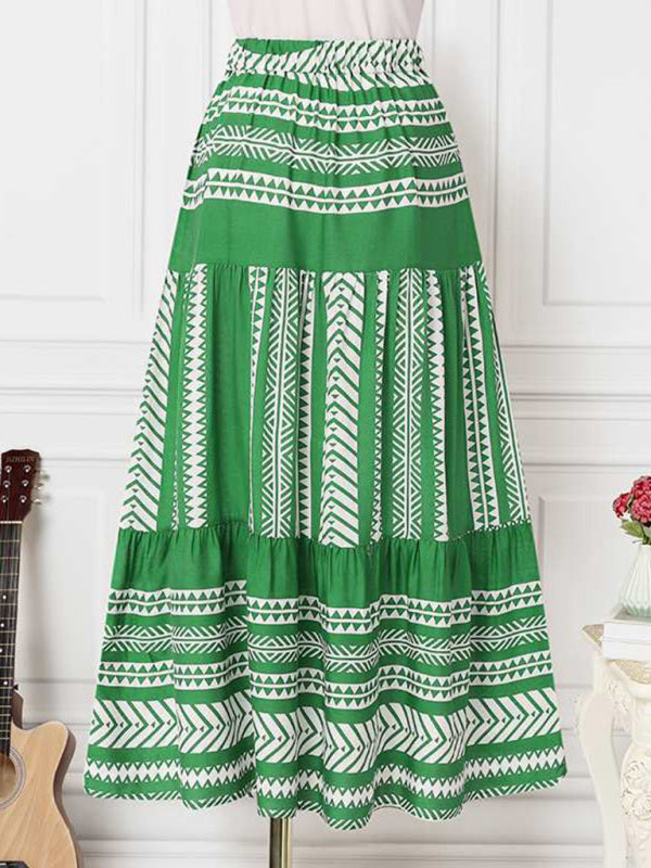 Skirt- Retro Aztec Geo Printed Tiered Ruffle Maxi Skirt- - IndioGear Fashion and Gear