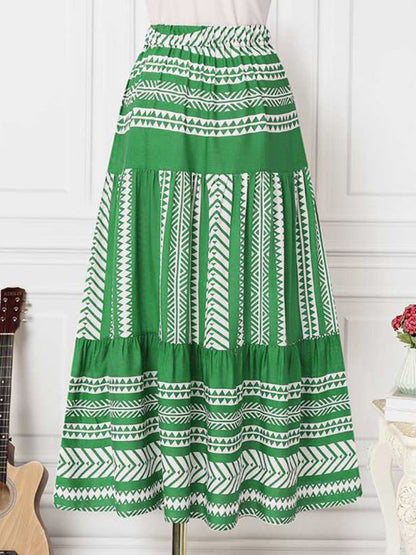 Skirt- Retro Aztec Geo Printed Tiered Ruffle Maxi Skirt- - IndioGear Fashion and Gear