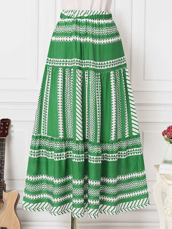 Skirt- Retro Aztec Geo Printed Tiered Ruffle Maxi Skirt- - IndioGear Fashion and Gear