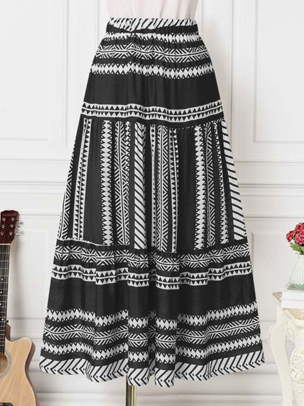 Skirt- Retro Aztec Geo Printed Tiered Ruffle Maxi Skirt- - IndioGear Fashion and Gear