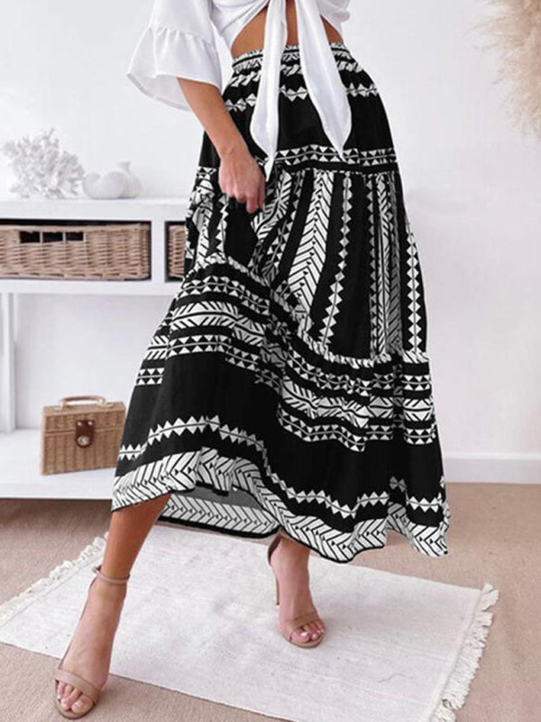 Skirt- Retro Aztec Geo Printed Tiered Ruffle Maxi Skirt- Black- IndioGear Fashion and Gear