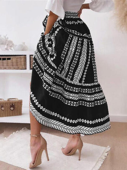 Skirt- Retro Aztec Geo Printed Tiered Ruffle Maxi Skirt- - IndioGear Fashion and Gear