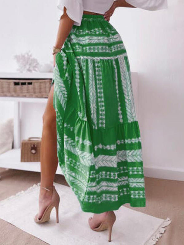 Skirt- Retro Aztec Geo Printed Tiered Ruffle Maxi Skirt- - IndioGear Fashion and Gear