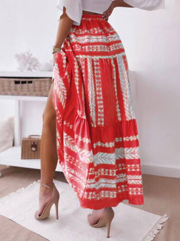 Skirt- Retro Aztec Geo Printed Tiered Ruffle Maxi Skirt- - IndioGear Fashion and Gear