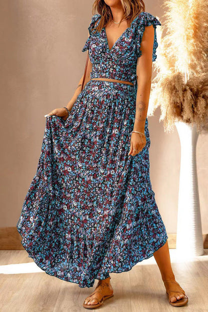 Skirt Set- Boho Floral 2 Piece Set: Tank Top + Maxi Skirt for Any Occasion- Blue- IndioGear Fashion and Gear