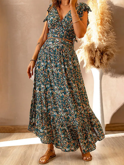 Skirt Set- Boho Floral 2 Piece Set: Tank Top + Maxi Skirt for Any Occasion- - IndioGear Fashion and Gear