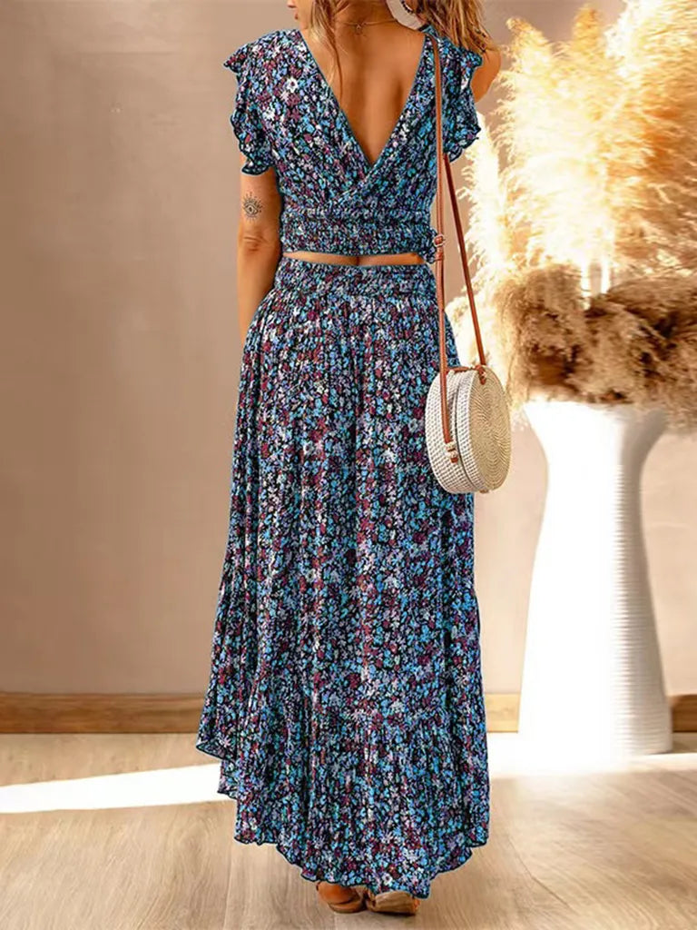 Skirt Set- Boho Floral 2 Piece Set: Tank Top + Maxi Skirt for Any Occasion- - IndioGear Fashion and Gear