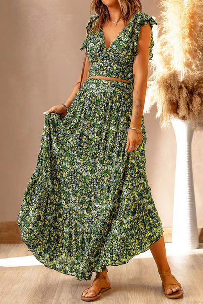 Skirt Set- Boho Floral 2 Piece Set: Tank Top + Maxi Skirt for Any Occasion- Green- IndioGear Fashion and Gear